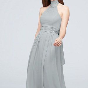 Tie Mock-Neck Ruched Georgette Bridesmaid Dress
